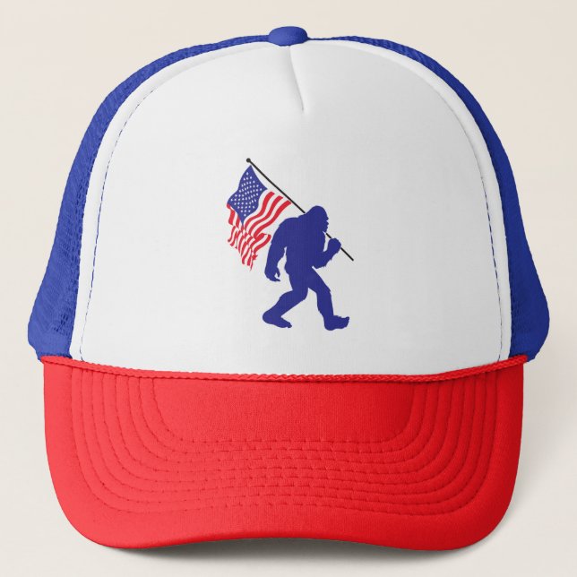 Bigfoot Carrying the American Flag Trucker Hat (Front)
