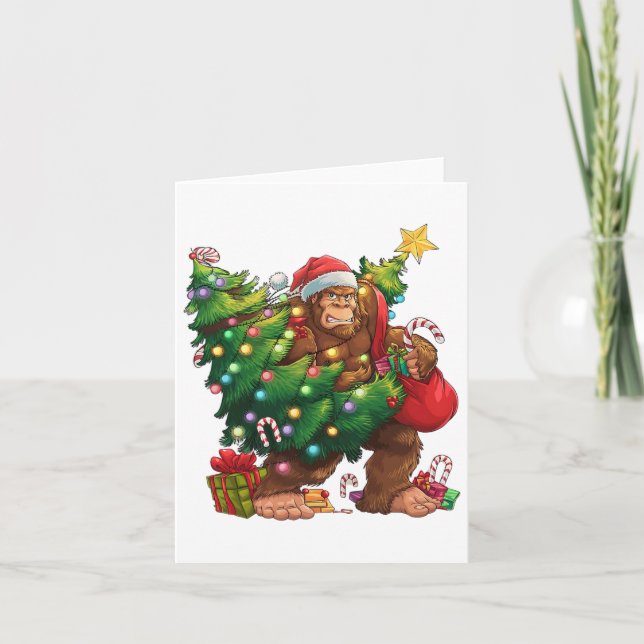 Bigfoot Christmas Funny Holiday Tree Lights Xmas B Card (Front)