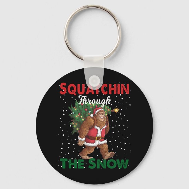 Bigfoot Christmas Funny Squatchin Through The Snow Key Ring (Front)