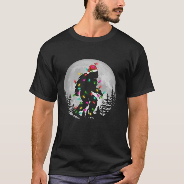 Bigfoot Christmas Lighting Santa Hat Night Moon Xm T-Shirt (Front)