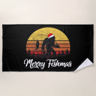 Bigfoot Christmas Santa Hat Merry Fishmas Vintage  Beach Towel