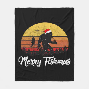 Bigfoot Christmas Santa Hat Merry Fishmas Vintage Fleece Blanket