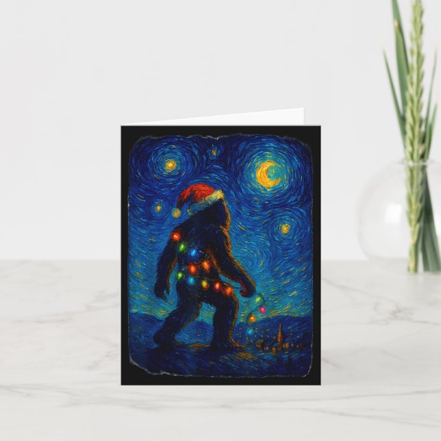 Bigfoot Christmas Sasquatch Santa Hat Starry Night Card (Front)