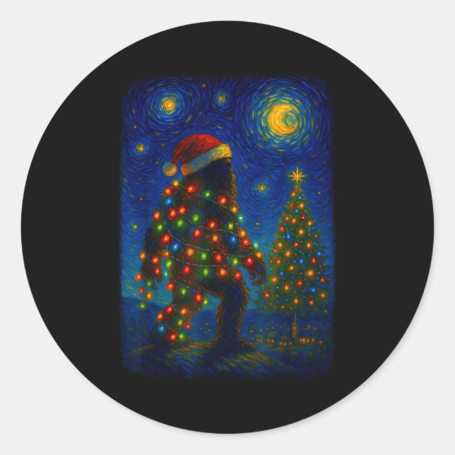 Bigfoot Christmas Sasquatch Santa Hat Starry Night Classic Round Sticker (Front)