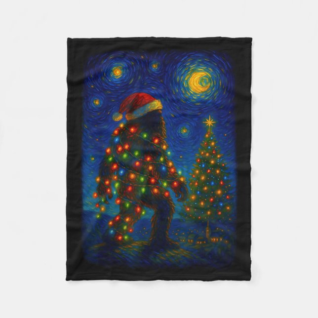 Bigfoot Christmas Sasquatch Santa Hat Starry Night Fleece Blanket (Front)