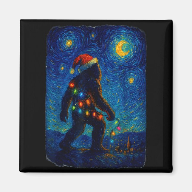 Bigfoot Christmas Sasquatch Santa Hat Starry Night Magnet (Front)