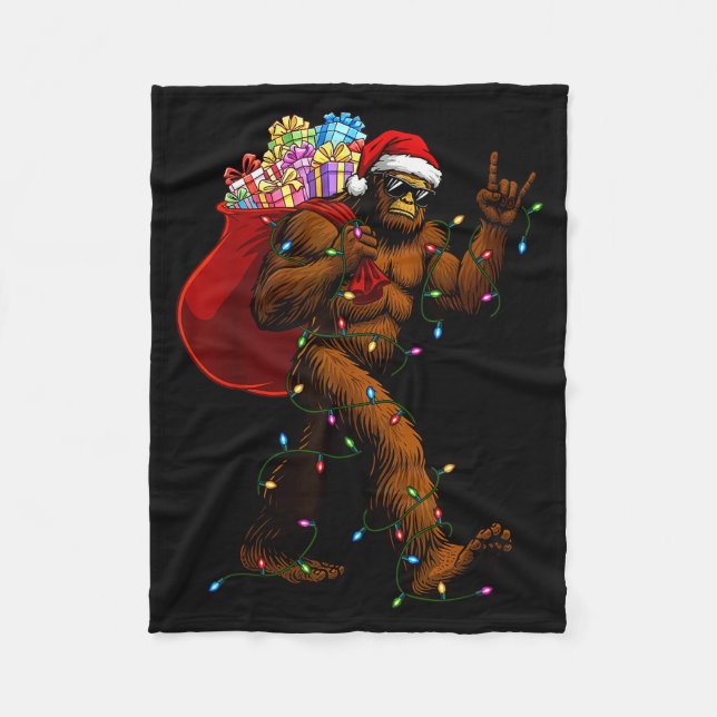 Bigfoot Christmas Shirts Boys Men Xmas Tree Lights Fleece Blanket (Front)