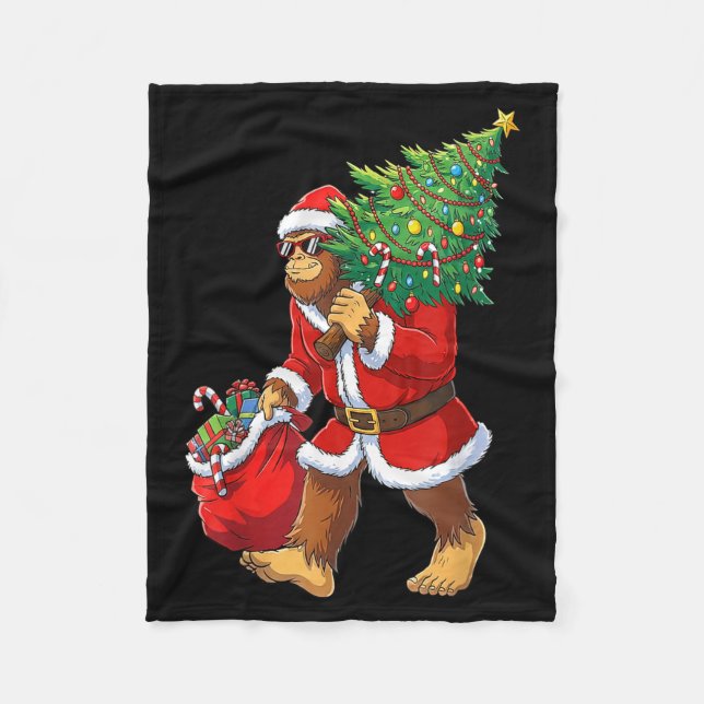 Bigfoot Christmas Tree Lights Boys Men Sasquatch L Fleece Blanket (Front)