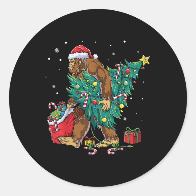 Bigfoot Christmas Tree Lights Funny Xmas Sasquatch Classic Round Sticker (Front)