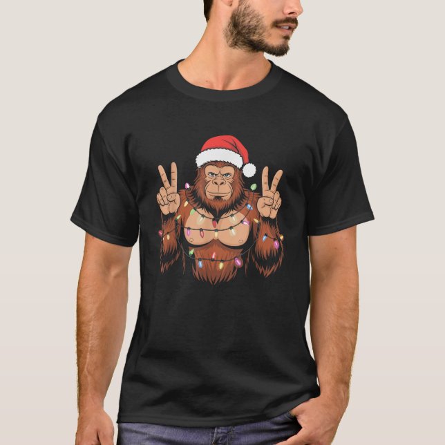Bigfoot Christmas Tree Lights Funny Xmas Sasquatch T-Shirt (Front)
