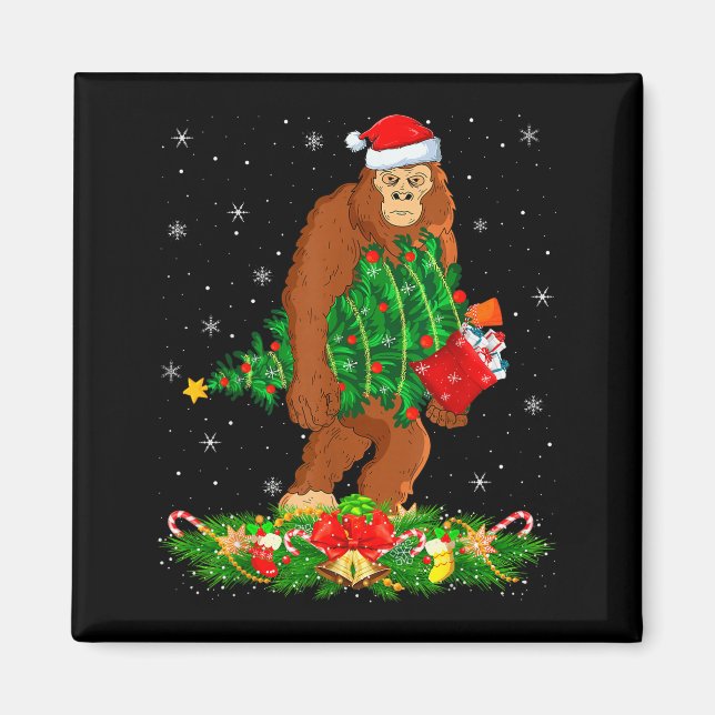 Bigfoot Christmas Tree Lights Santa Hat Funny Sasq Magnet (Front)
