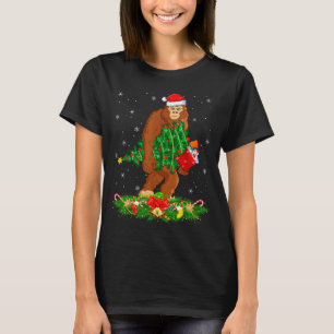 Bigfoot Christmas Tree Lights Santa Hat Funny Sasq T-Shirt