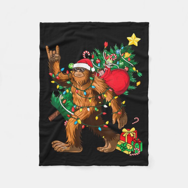 Bigfoot Christmas Tree Lights Xmas Boys Men Sasqua Fleece Blanket (Front)