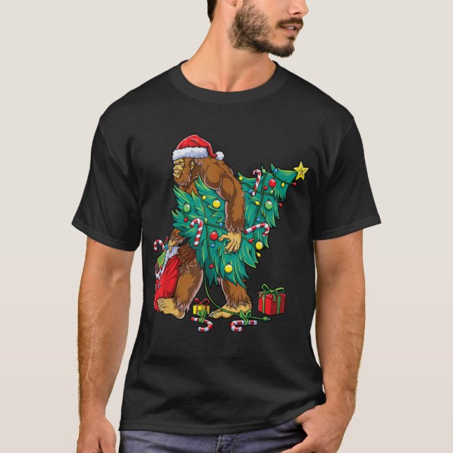 Bigfoot Christmas Tree Lights Xmas Boys T-Shirt (Front)