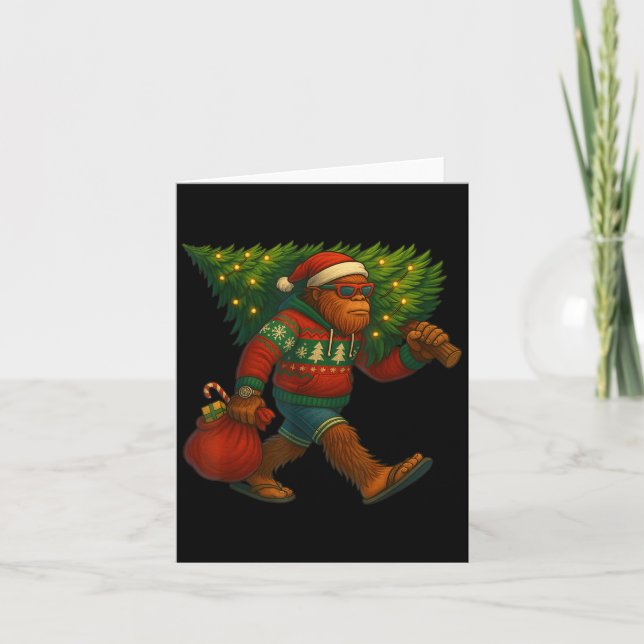 Bigfoot Christmas Tree Lights Xmas Sasquatch Boys  Card (Front)