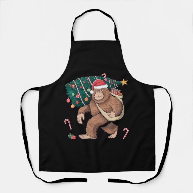 Bigfoot Christmas Tree Lights Xmas Sasquatch Lover Apron (Front)