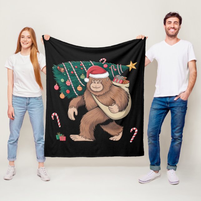 Bigfoot Christmas Tree Lights Xmas Sasquatch Lover Fleece Blanket (In Situ)