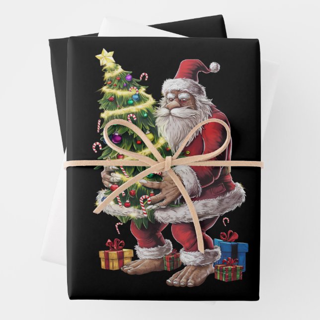Bigfoot Christmas Tree Lights Xmas Sasquatch Lover Wrapping Paper Sheet (In situ)