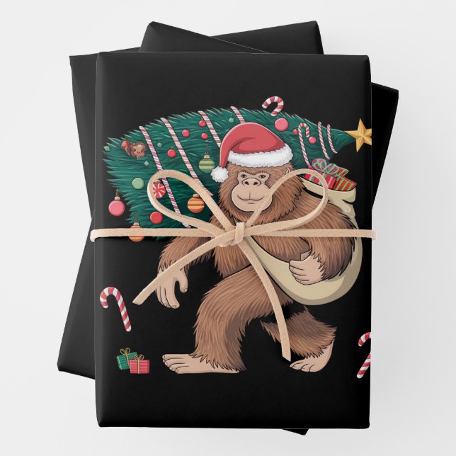 Bigfoot Christmas Tree Lights Xmas Sasquatch Lover Wrapping Paper Sheet (In situ)