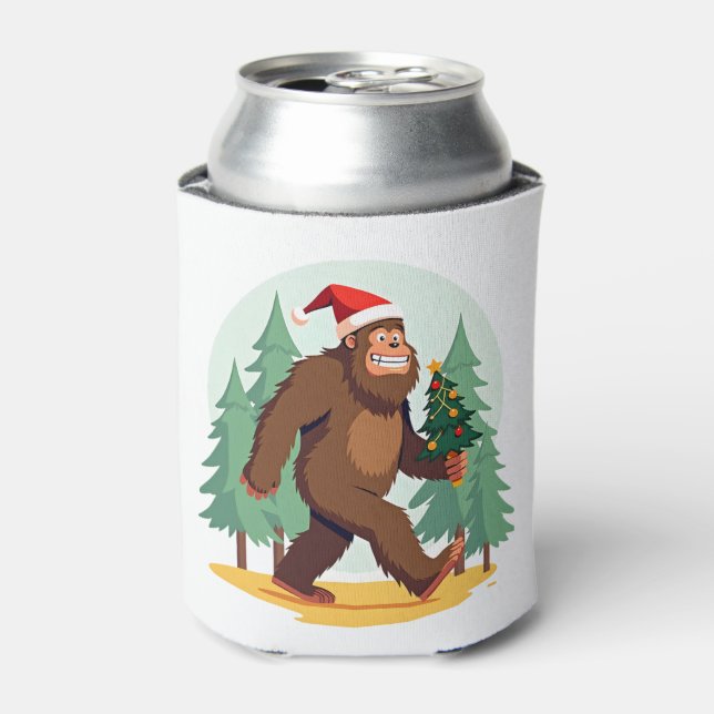 Bigfoot Christmas Tree Santa Hat (1) Can Cooler (Can Front)