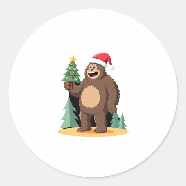 Bigfoot Christmas Tree Santa Hat (1) Classic Round Sticker (Front)