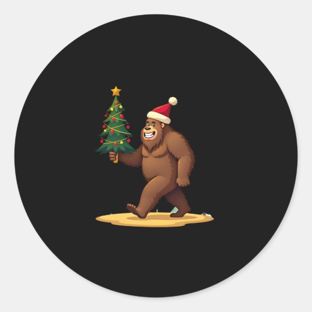 Bigfoot Christmas Tree Santa Hat (1) Classic Round Sticker (Front)