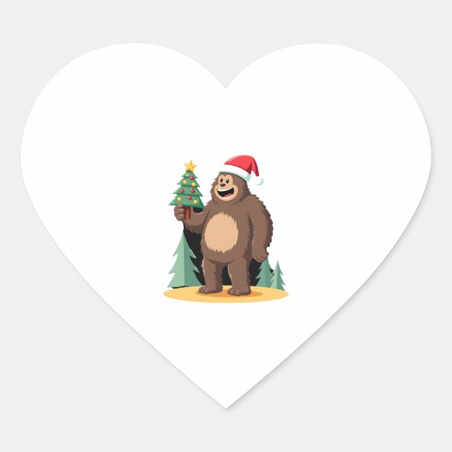 Bigfoot Christmas Tree Santa Hat (1) Heart Sticker (Front)