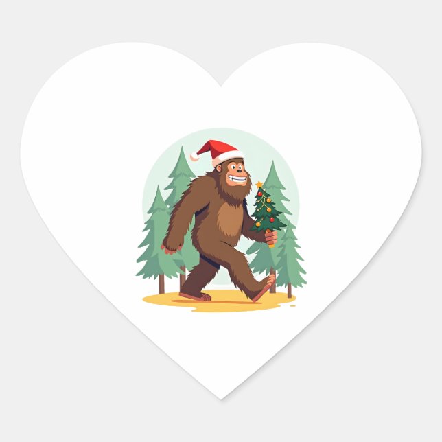 Bigfoot Christmas Tree Santa Hat (1) Heart Sticker (Front)