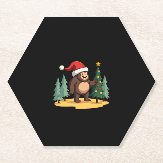 Bigfoot Christmas Tree Santa Hat (1) Paper Coaster (Front)