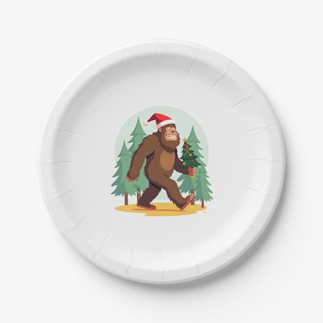 Bigfoot Christmas Tree Santa Hat (1) Paper Plate (Front)