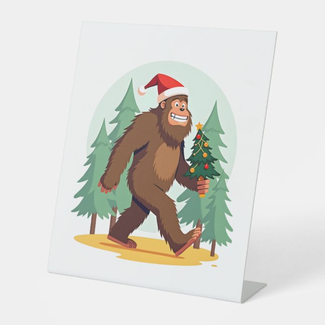 Bigfoot Christmas Tree Santa Hat (1) Pedestal Sign (Front)