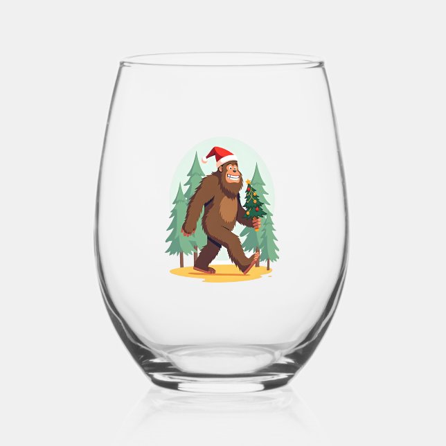 Bigfoot Christmas Tree Santa Hat (1) Stemless Wine Glass (Front)