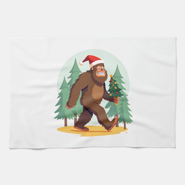 Bigfoot Christmas Tree Santa Hat (1) Tea Towel (Horizontal)