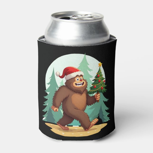 Bigfoot Christmas Tree Santa Hat (2) Can Cooler (Can Front)