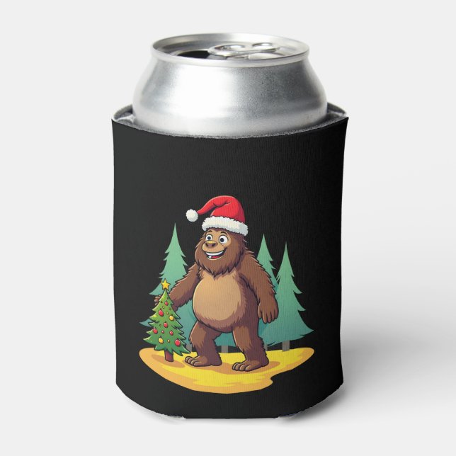 Bigfoot Christmas Tree Santa Hat (2) Can Cooler (Can Front)