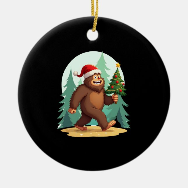 Bigfoot Christmas Tree Santa Hat (2) Ceramic Tree Decoration (Front)