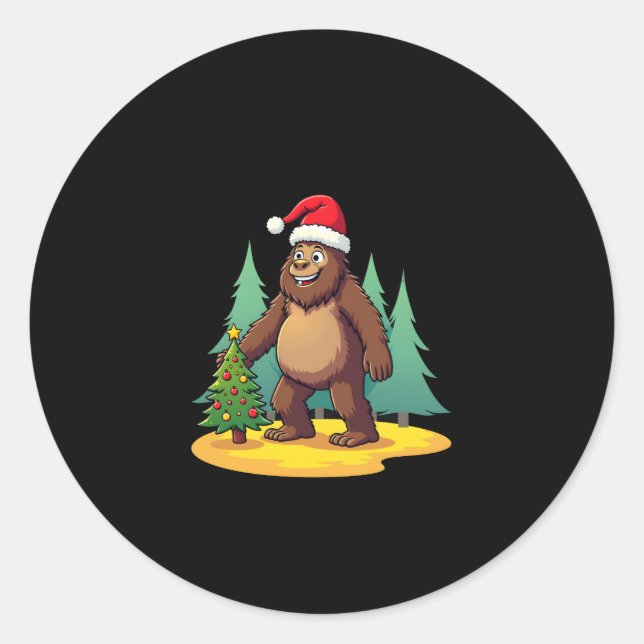 Bigfoot Christmas Tree Santa Hat (2) Classic Round Sticker (Front)