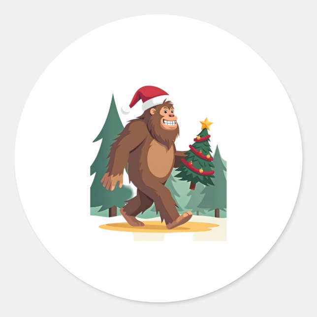 Bigfoot Christmas Tree Santa Hat (2) Classic Round Sticker (Front)