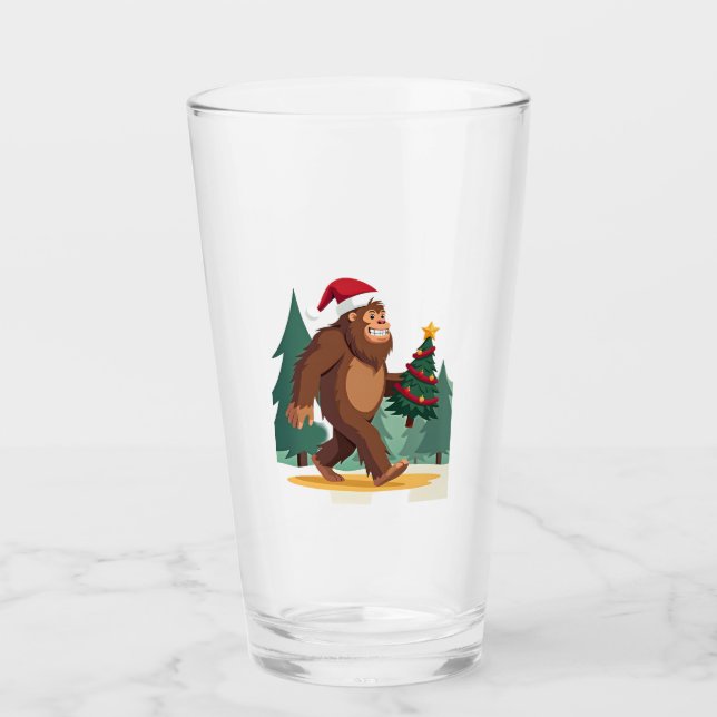 Bigfoot Christmas Tree Santa Hat (2) Glass (Front)