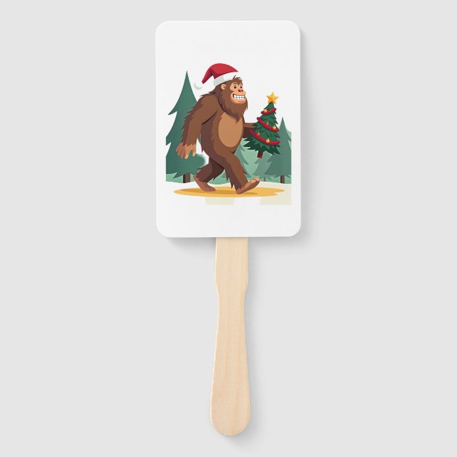 Bigfoot Christmas Tree Santa Hat (2) Hand Fan (Front)