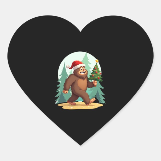 Bigfoot Christmas Tree Santa Hat (2) Heart Sticker (Front)