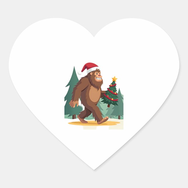 Bigfoot Christmas Tree Santa Hat (2) Heart Sticker (Front)