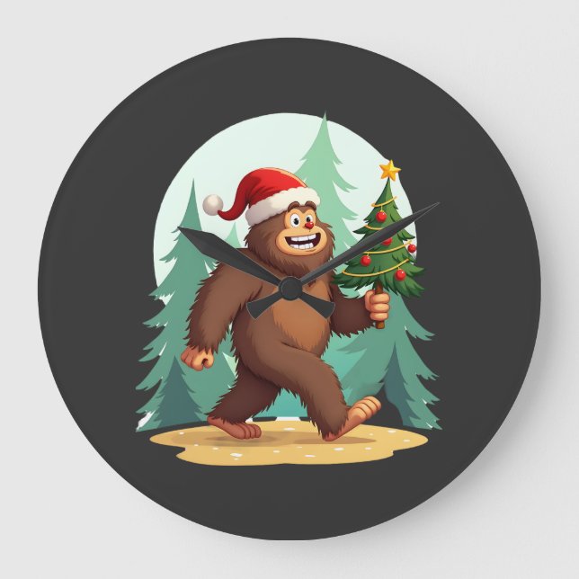 Bigfoot Christmas Tree Santa Hat (2) Large Clock (Front)