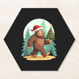 Bigfoot Christmas Tree Santa Hat (2) Paper Coaster