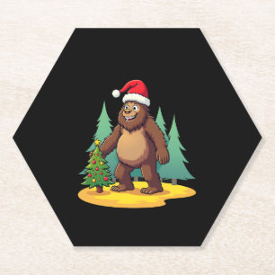 Bigfoot Christmas Tree Santa Hat (2) Paper Coaster