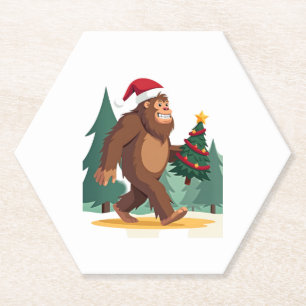 Bigfoot Christmas Tree Santa Hat (2) Paper Coaster