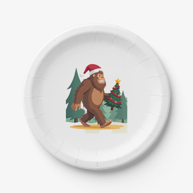 Bigfoot Christmas Tree Santa Hat (2) Paper Plate (Front)