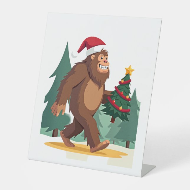 Bigfoot Christmas Tree Santa Hat (2) Pedestal Sign (Front)