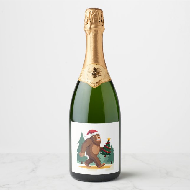 Bigfoot Christmas Tree Santa Hat (2) Sparkling Wine Label (Front)