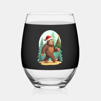 Bigfoot Christmas Tree Santa Hat (2) Stemless Wine Glass